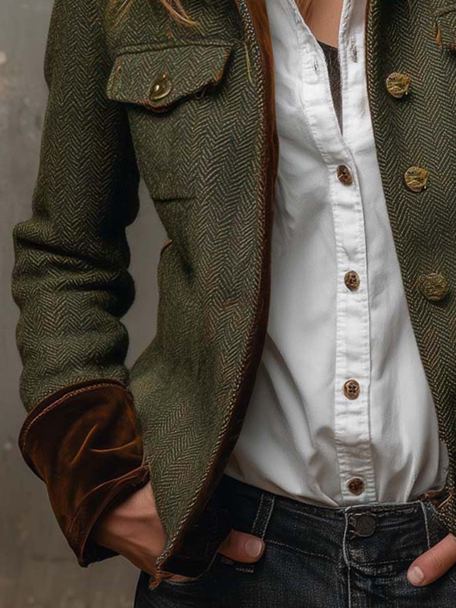 Blazer Vintage de Mujer en Espiga con Bordes en Contraste