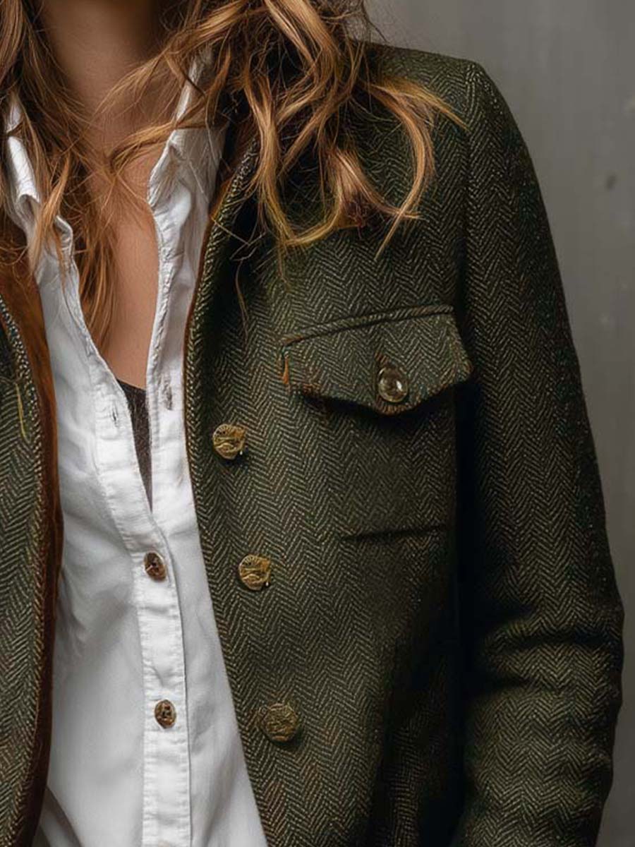 Blazer Vintage de Mujer en Espiga con Bordes en Contraste