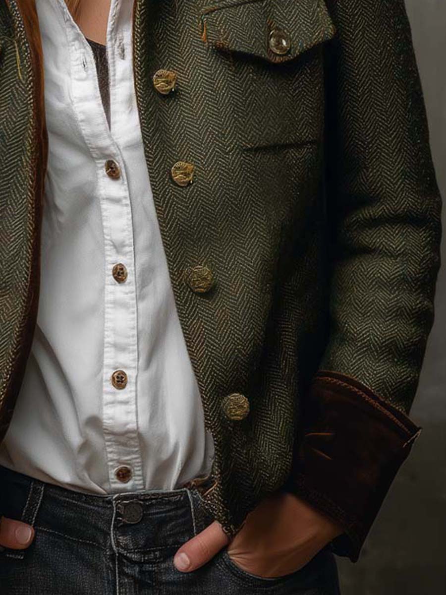 Blazer Vintage de Mujer en Espiga con Bordes en Contraste