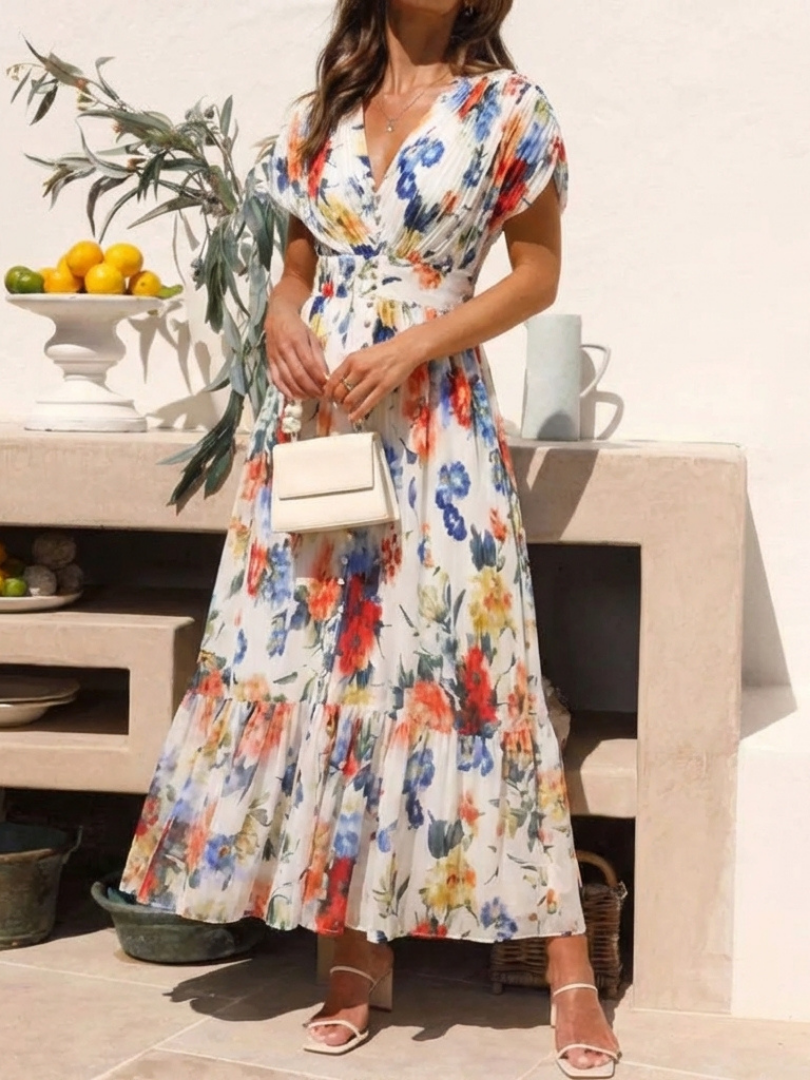 Vestido midi floral plisado de manga corta