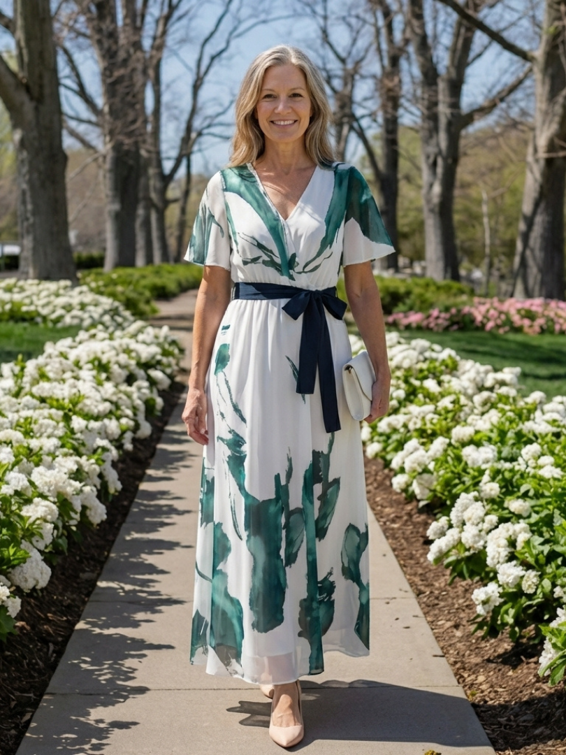 Vestido largo con mangas de volantes y cinturón