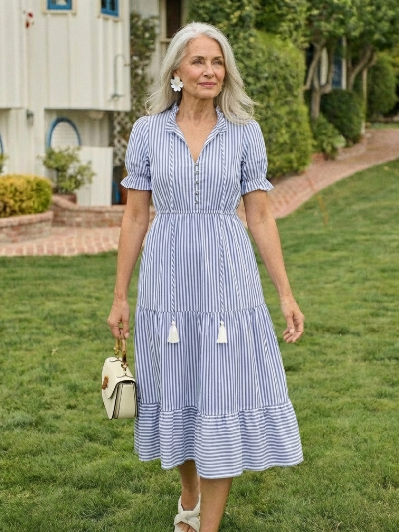 Dakota - Vestido midi de manga corta a rayas y falda escalonada