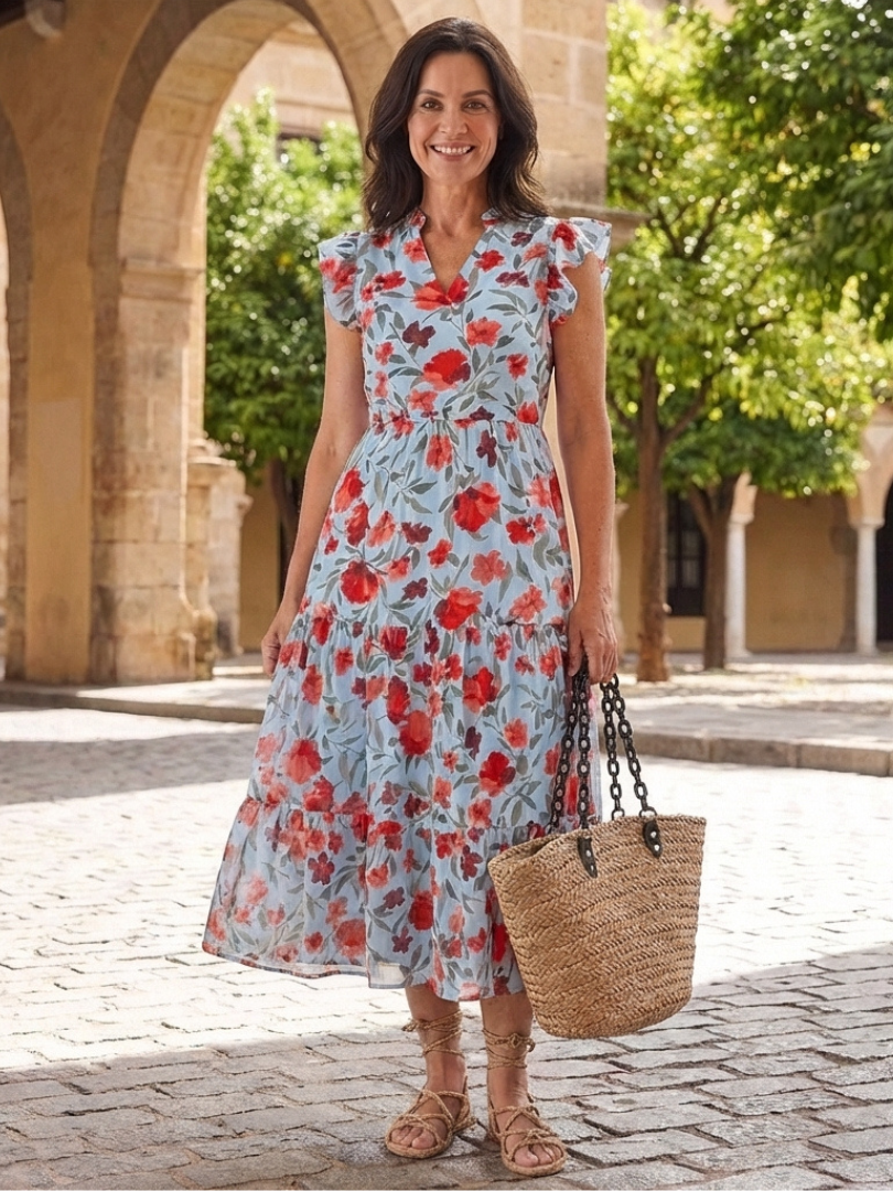 Vestido midi floral escalonado con cuello en V