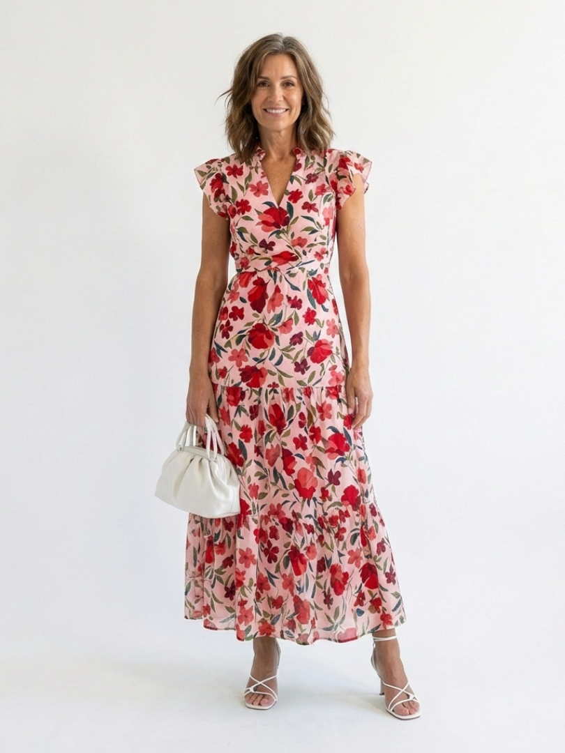 Vestido midi floral escalonado con cuello en V
