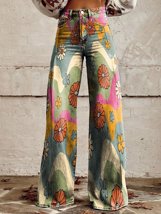Jeans Anchos Florales Bohemios