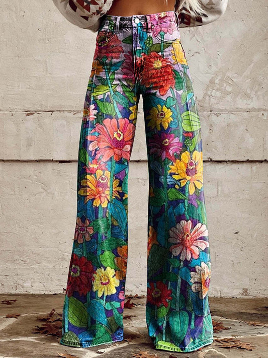 Jeans Anchos Florales Bohemios