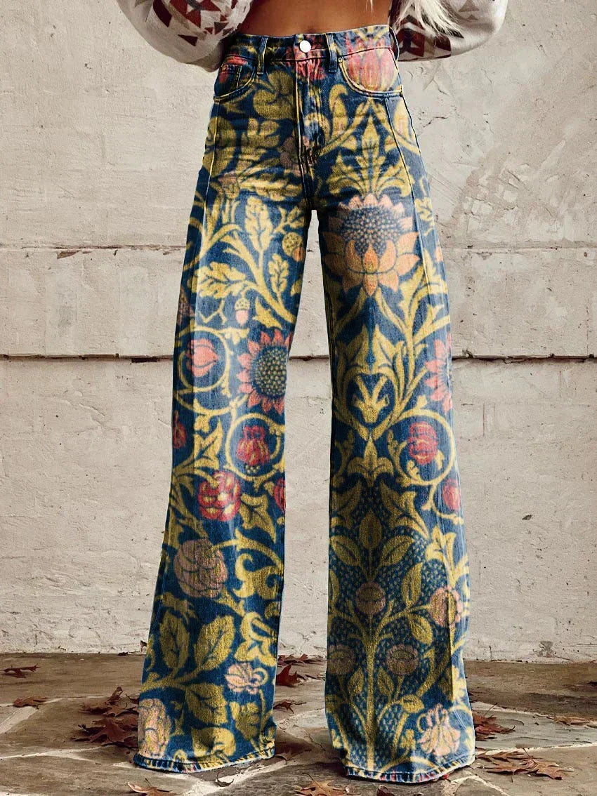 Jeans Anchos Florales Bohemios