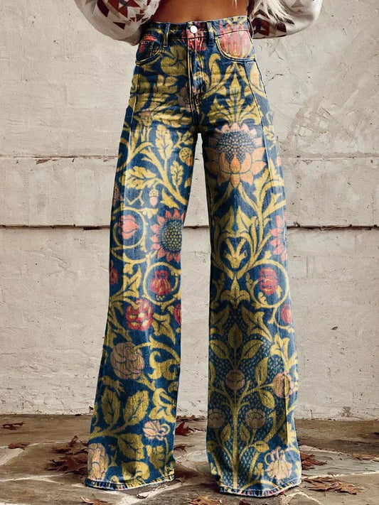 Jeans Anchos Florales Bohemios