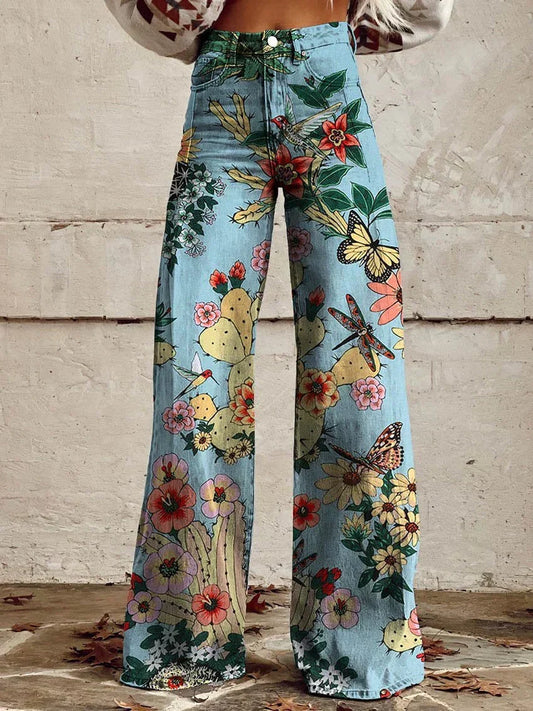 Jeans Anchos Florales Bohemios