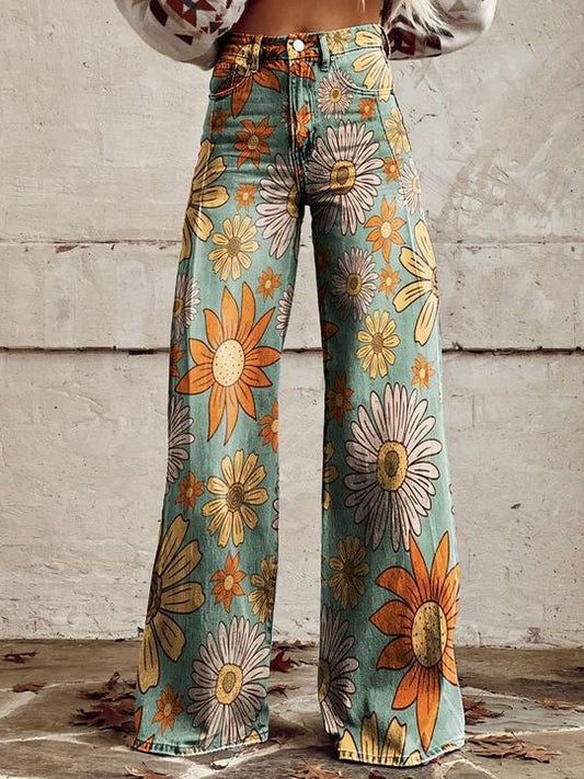 Jeans Anchos Florales Bohemios