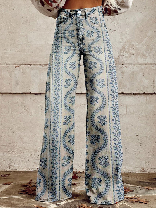 Jeans Anchos Florales Bohemios