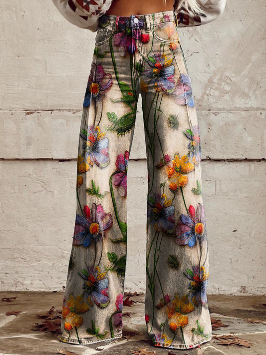 Jeans Anchos Florales Bohemios