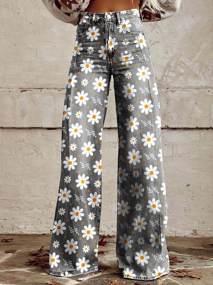 Jeans Anchos Florales Bohemios