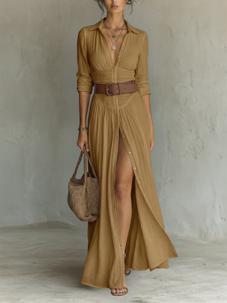 Marina - Vestido maxi femenino camisero de lino y algodón de Valerina Milano