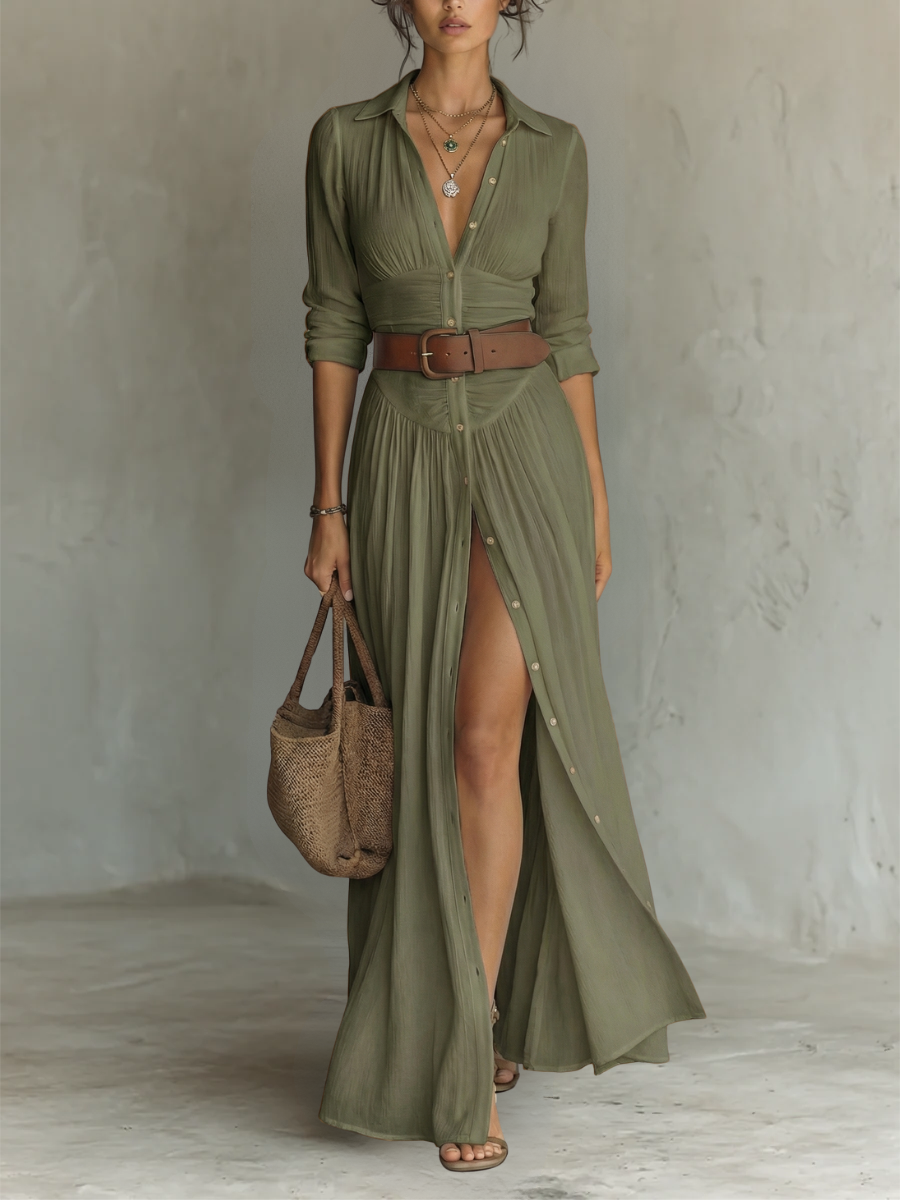 Marina - Vestido maxi femenino camisero de lino y algodón de Valerina Milano