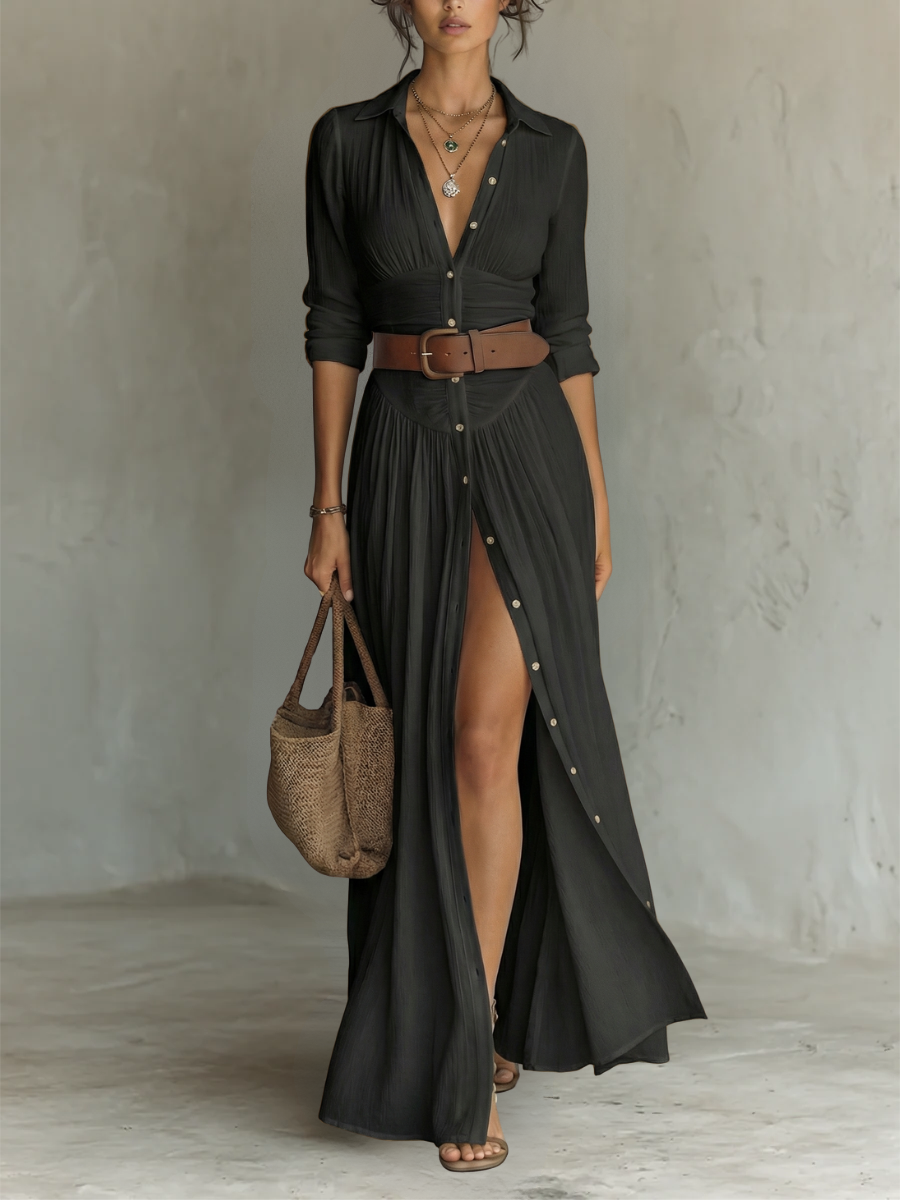 Marina - Vestido maxi femenino camisero de lino y algodón de Valerina Milano