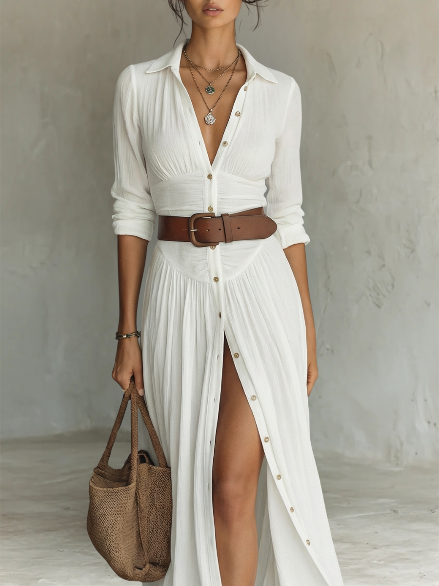 Marina - Vestido maxi femenino camisero de lino y algodón de Valerina Milano