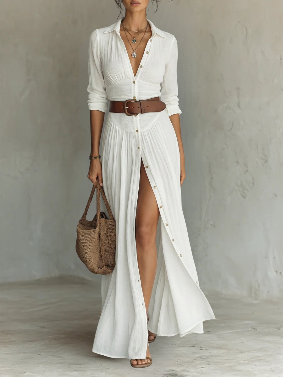 Marina - Vestido maxi femenino camisero de lino y algodón de Valerina Milano