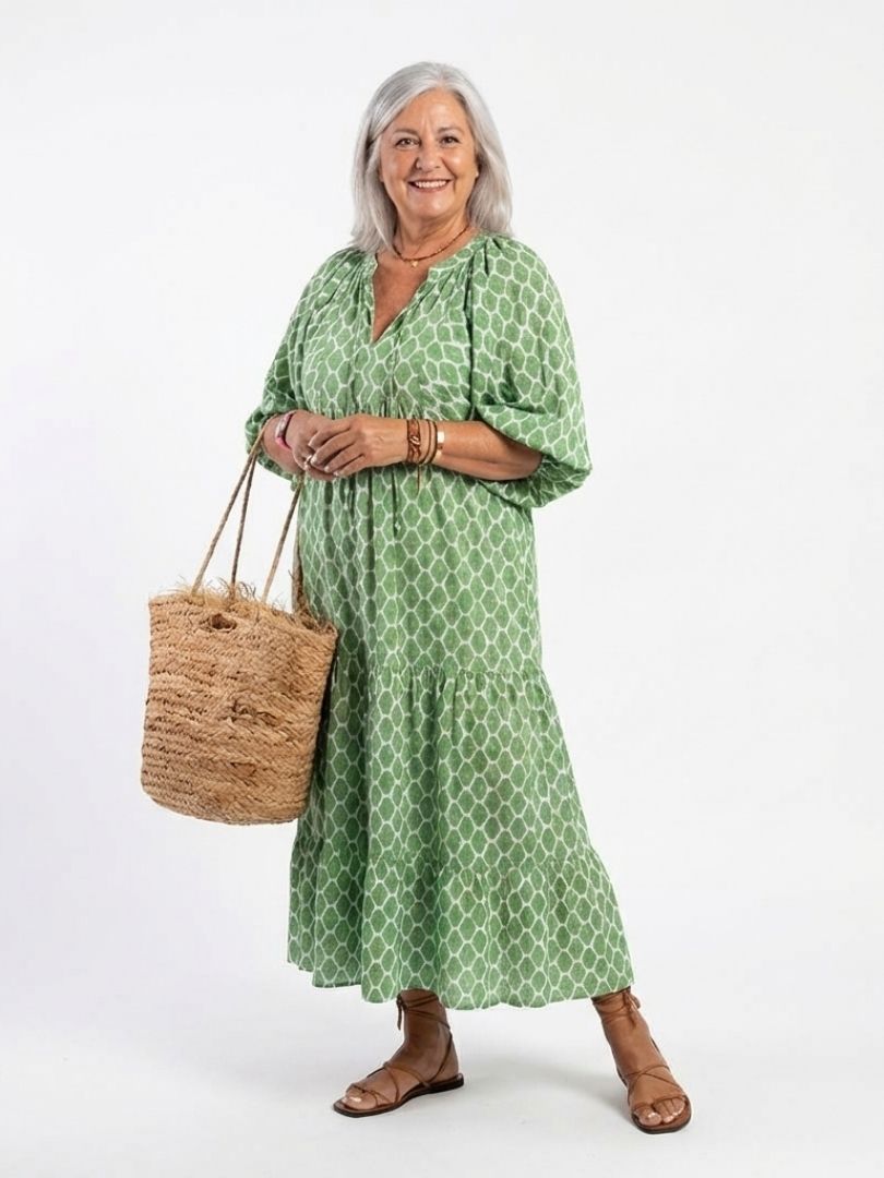 Apolline - Vestido midi estampado con cuello en V y mangas tres cuartos
