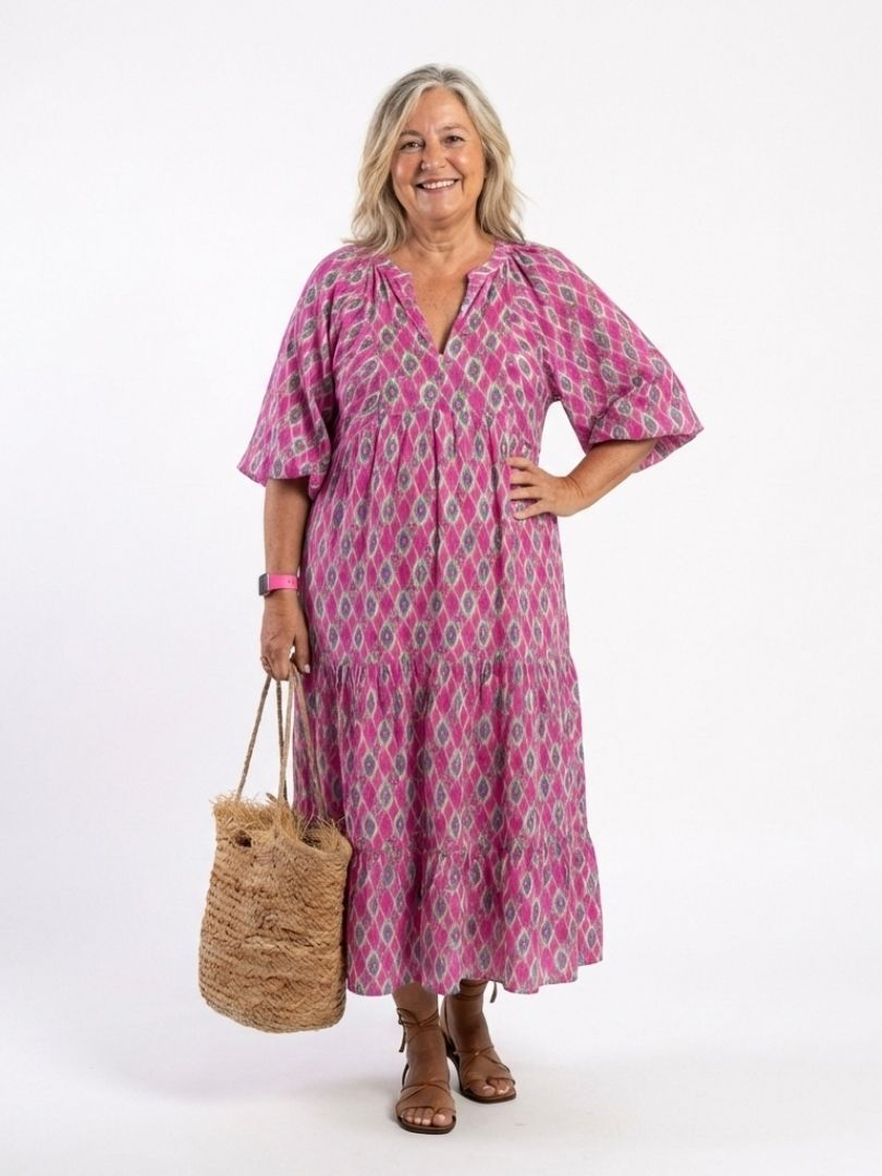 Apolline - Vestido midi estampado con cuello en V y mangas tres cuartos