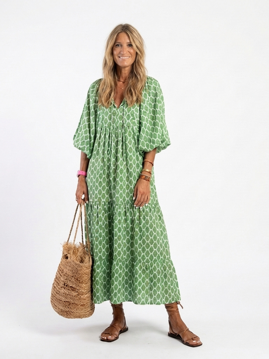 Apolline - Vestido midi estampado con cuello en V y mangas tres cuartos