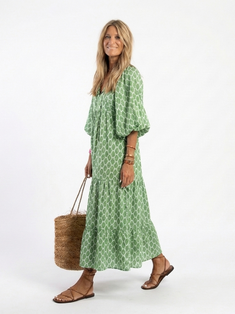 Apolline - Vestido midi estampado con cuello en V y mangas tres cuartos
