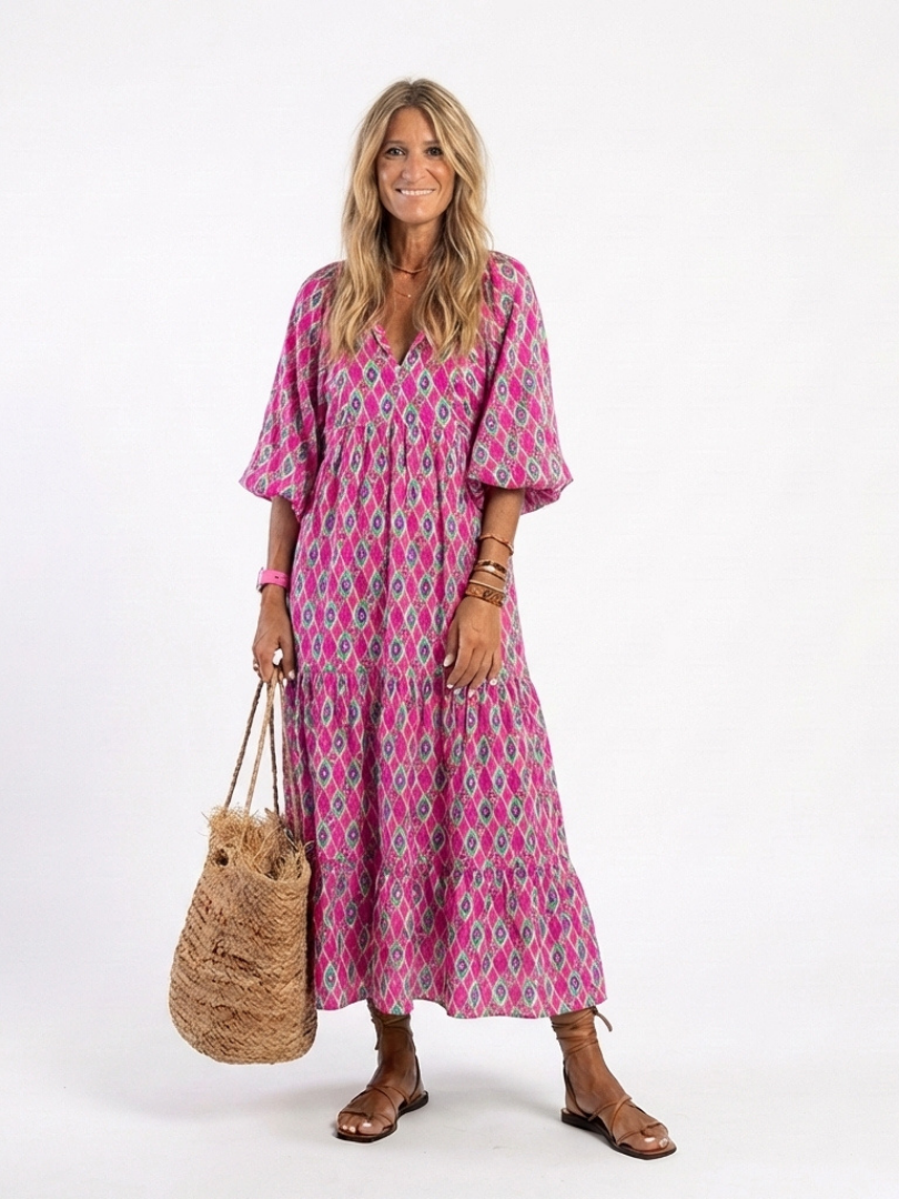 Apolline - Vestido midi estampado con cuello en V y mangas tres cuartos