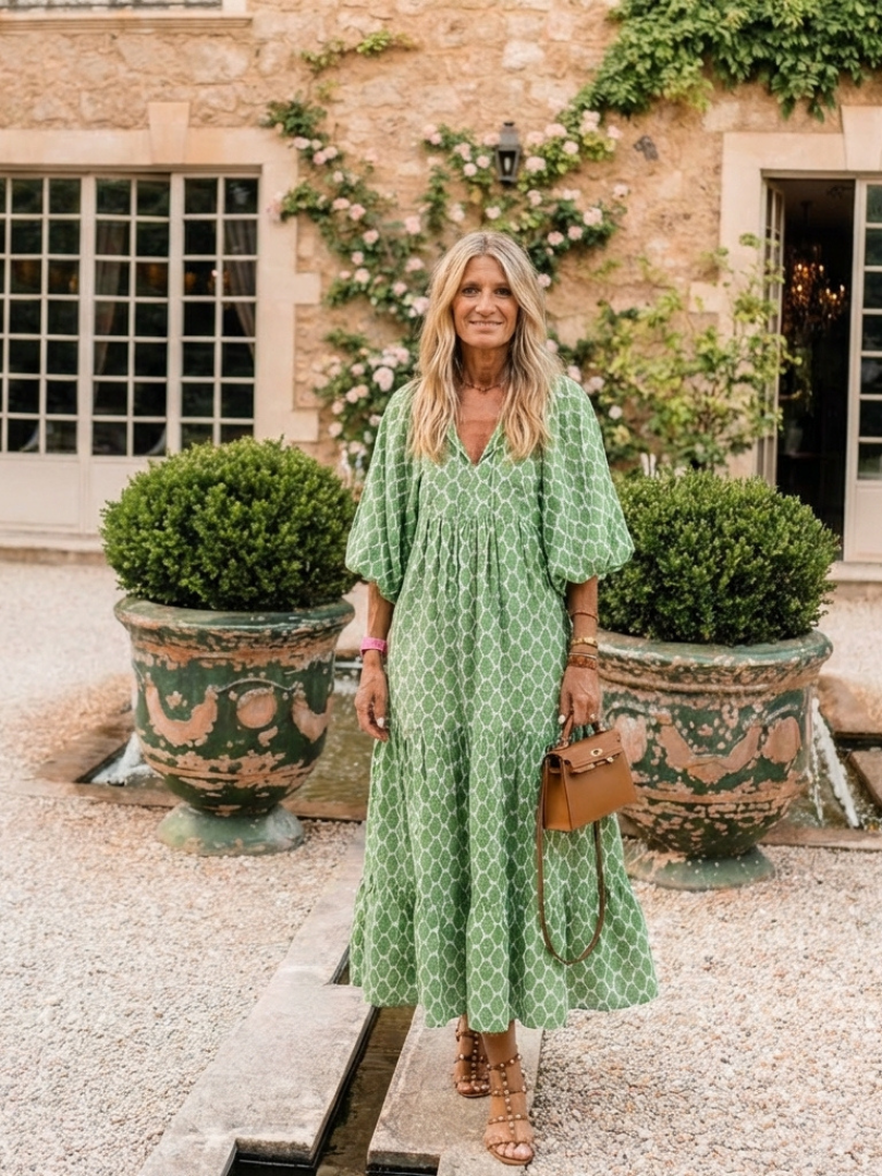 Apolline - Vestido midi estampado con cuello en V y mangas tres cuartos