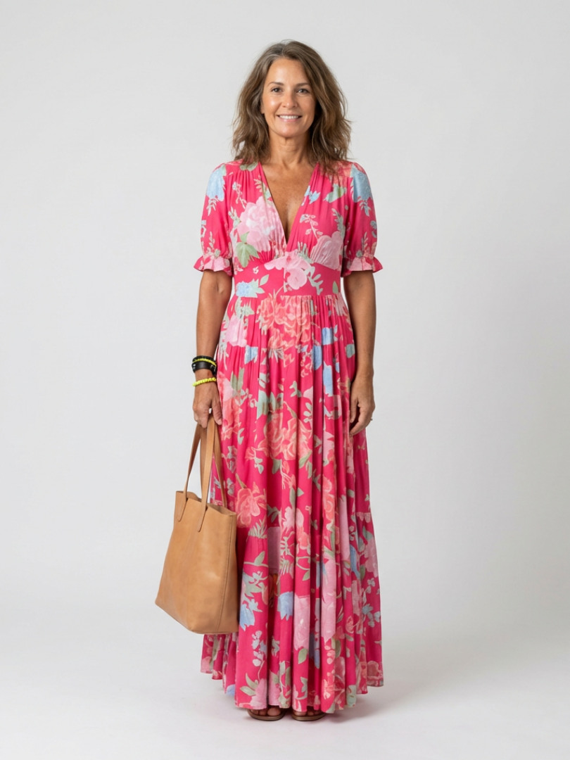 Ione - Vestido midi floral con cuello en V y manga corta