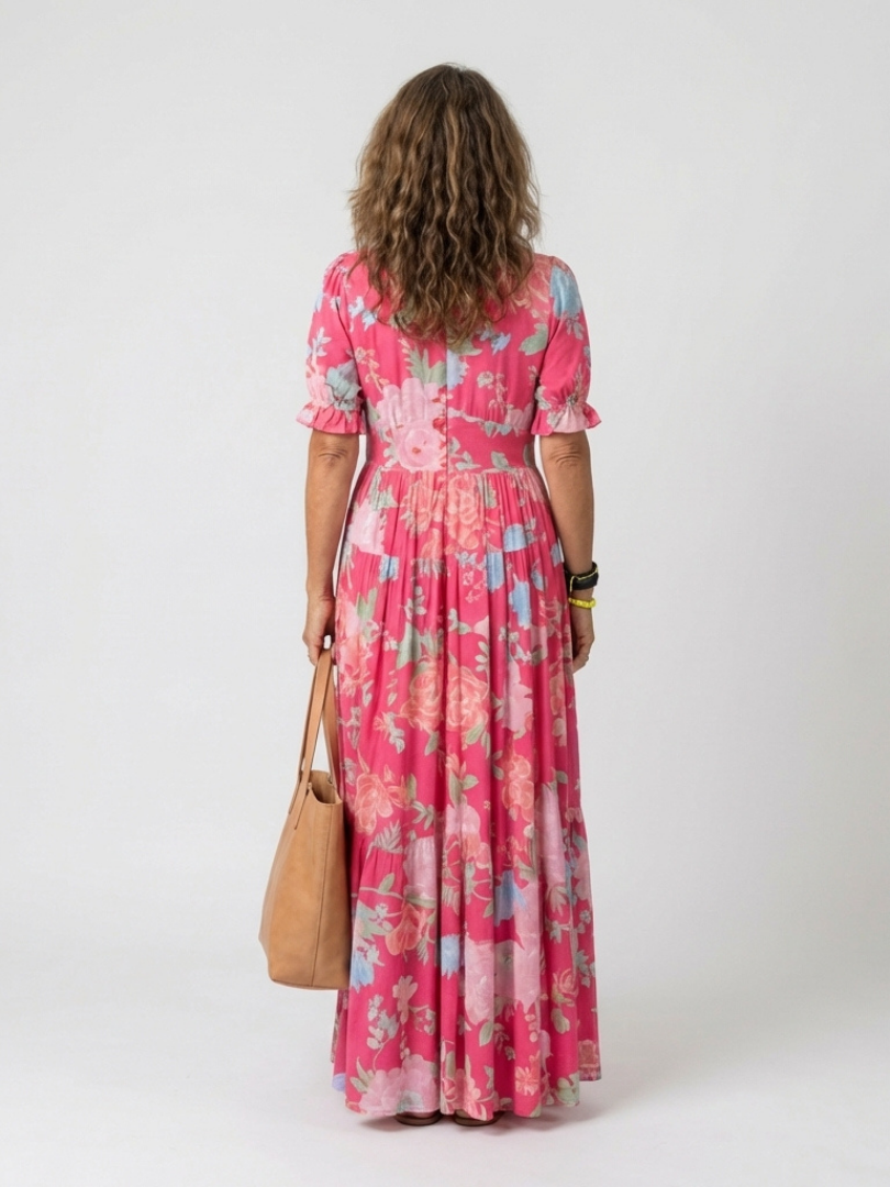 Ione - Vestido midi floral con cuello en V y manga corta
