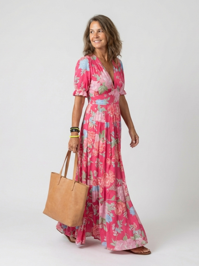 Ione - Vestido midi floral con cuello en V y manga corta