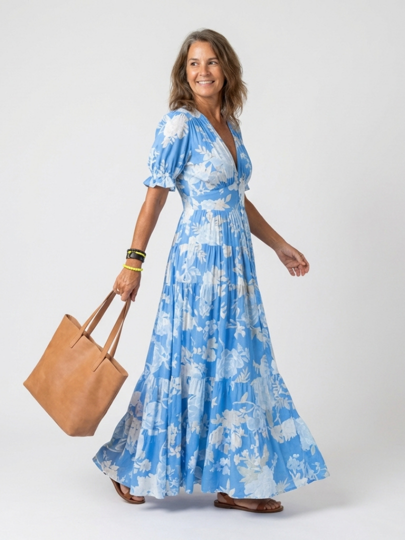 Ione - Vestido midi floral con cuello en V y manga corta