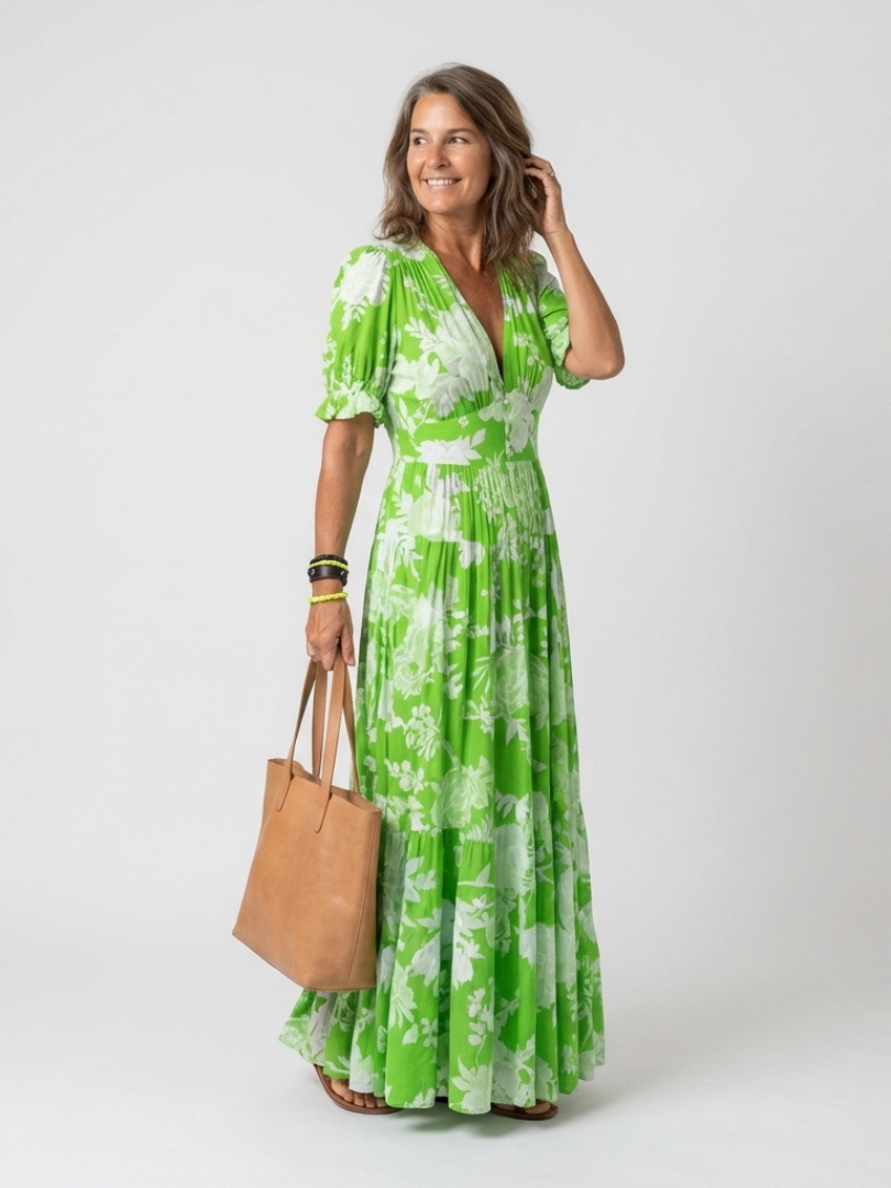Ione - Vestido midi floral con cuello en V y manga corta