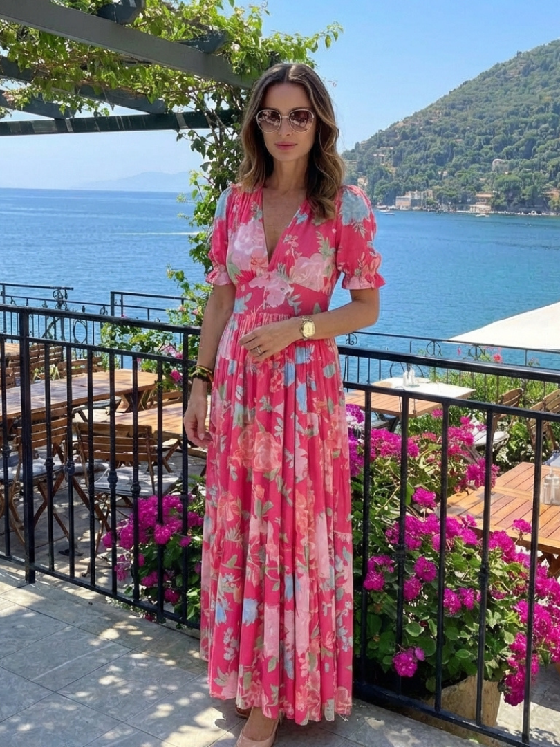 Ione - Vestido midi floral con cuello en V y manga corta
