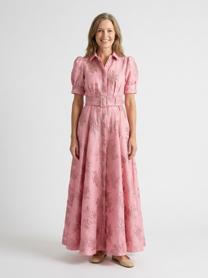 Xanthea - Vestido camisero largo floral con textura, manga corta y cinturón