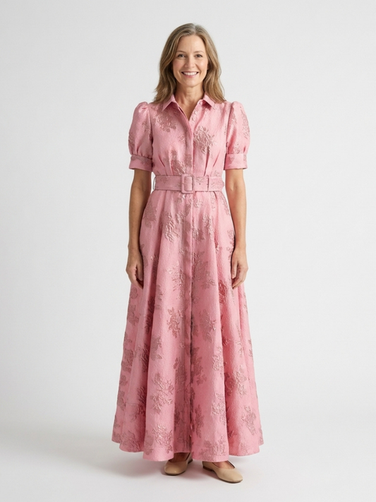 Xanthea - Vestido camisero largo floral con textura, manga corta y cinturón