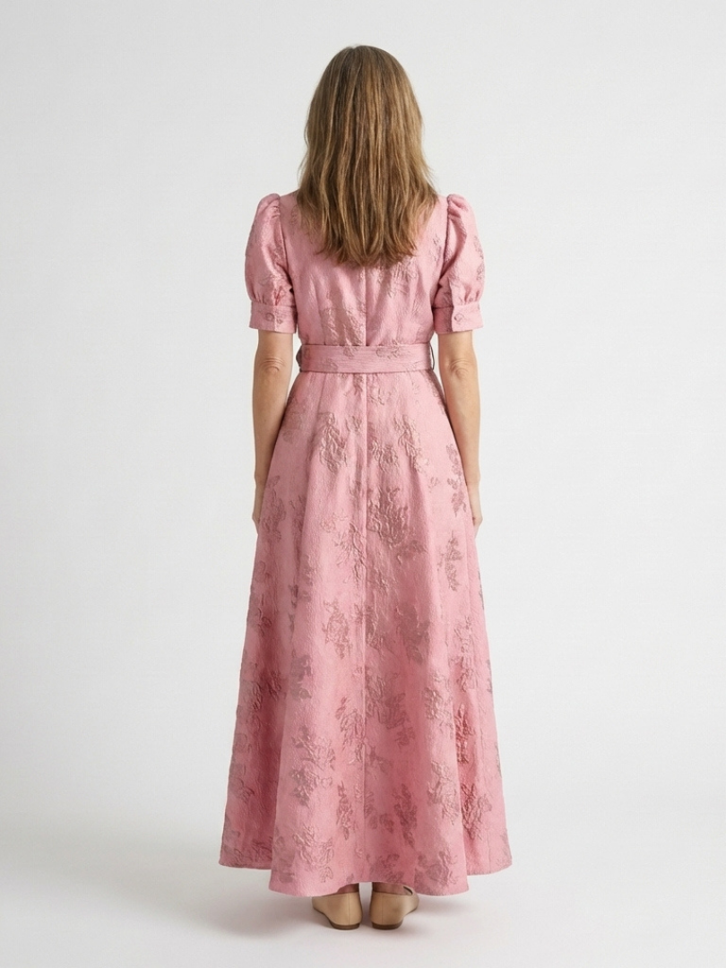 Xanthea - Vestido camisero largo floral con textura, manga corta y cinturón