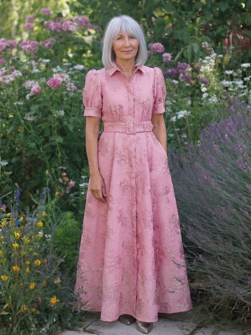 Xanthea - Vestido camisero largo floral con textura, manga corta y cinturón
