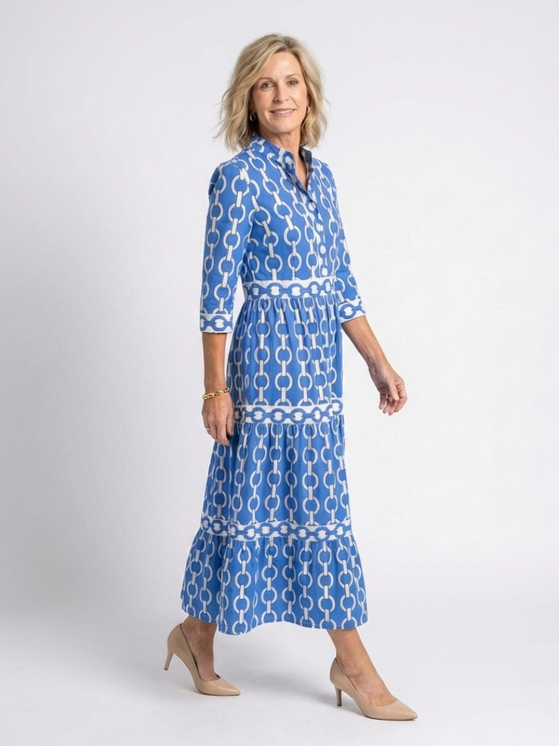 Ysolde - Vestido midi con estampado de cadenas y mangas tres cuartos
