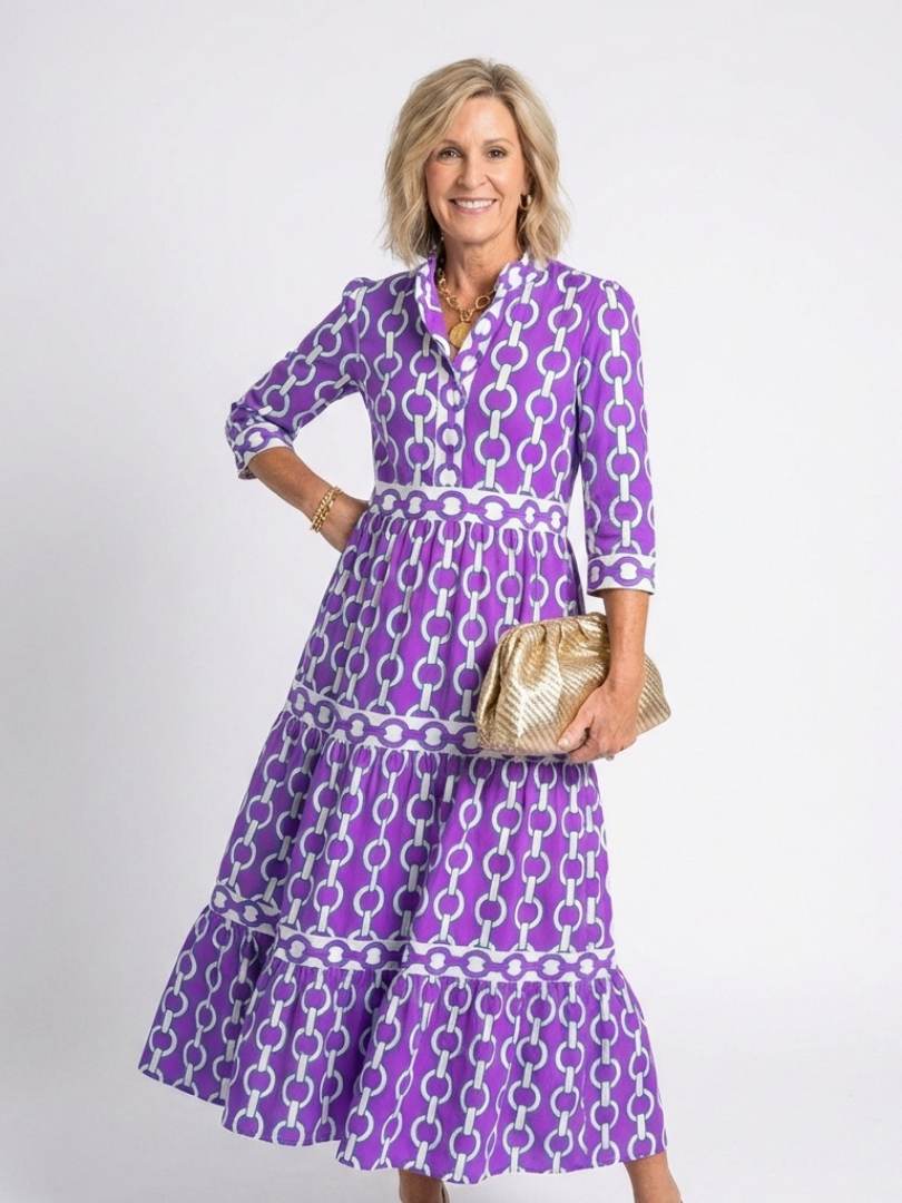Ysolde - Vestido midi con estampado de cadenas y mangas tres cuartos