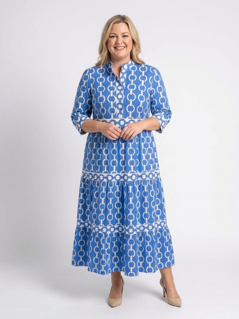 Ysolde - Vestido midi con estampado de cadenas y mangas tres cuartos
