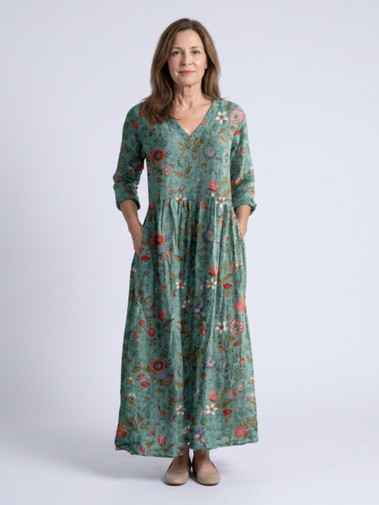 Marina - Vestido largo floral con cuello en V y mangas tres cuartos