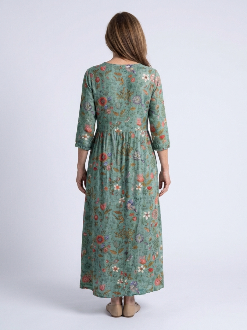 Marina - Vestido largo floral con cuello en V y mangas tres cuartos