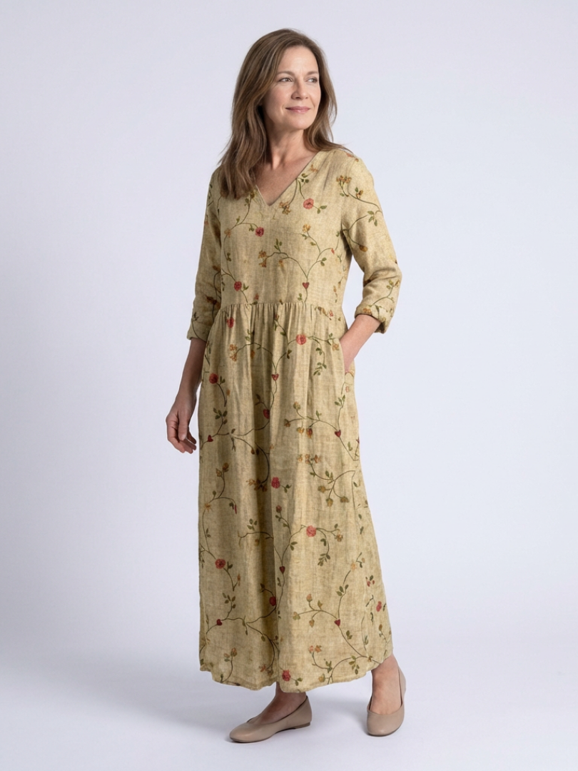 Marina - Vestido largo floral con cuello en V y mangas tres cuartos