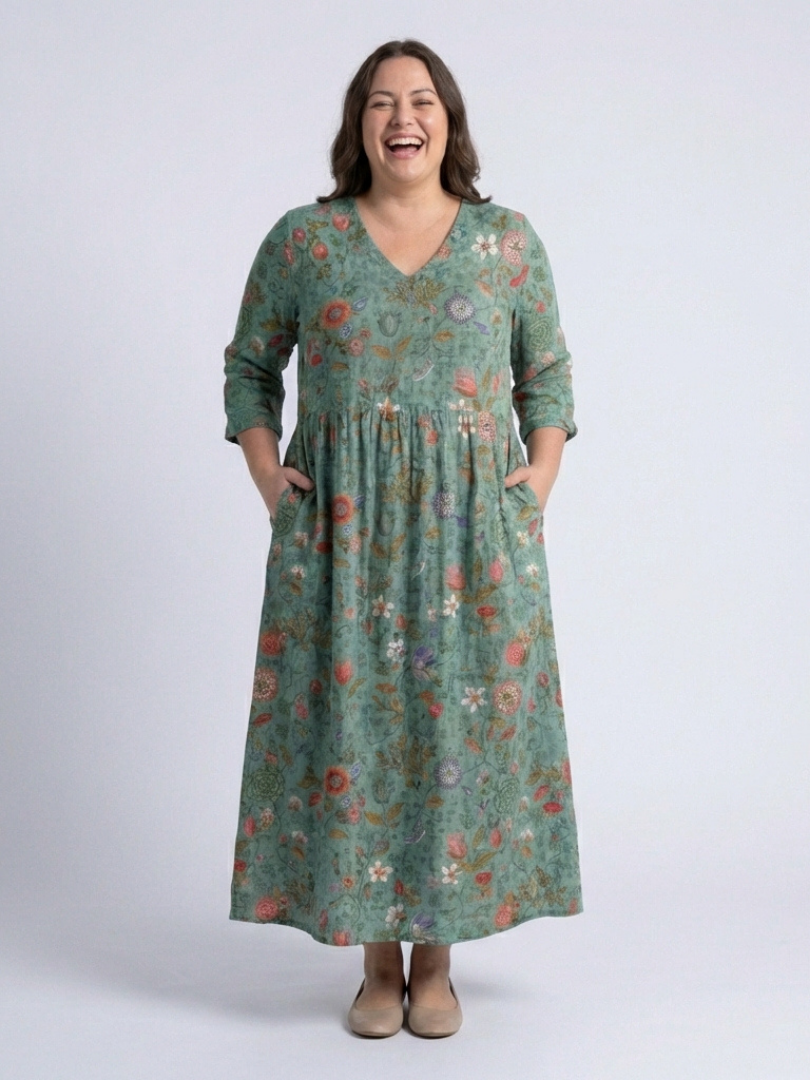 Marina - Vestido largo floral con cuello en V y mangas tres cuartos