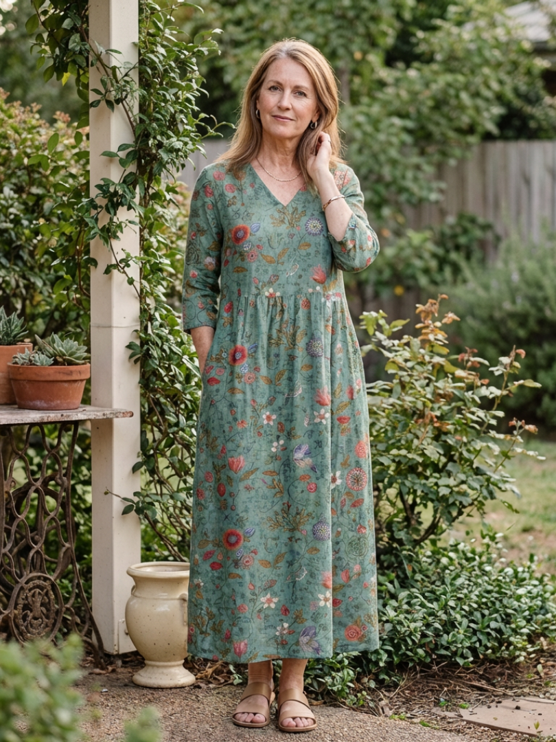 Marina - Vestido largo floral con cuello en V y mangas tres cuartos