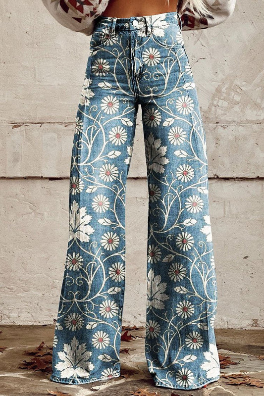 Jeans Anchos Florales Bohemios