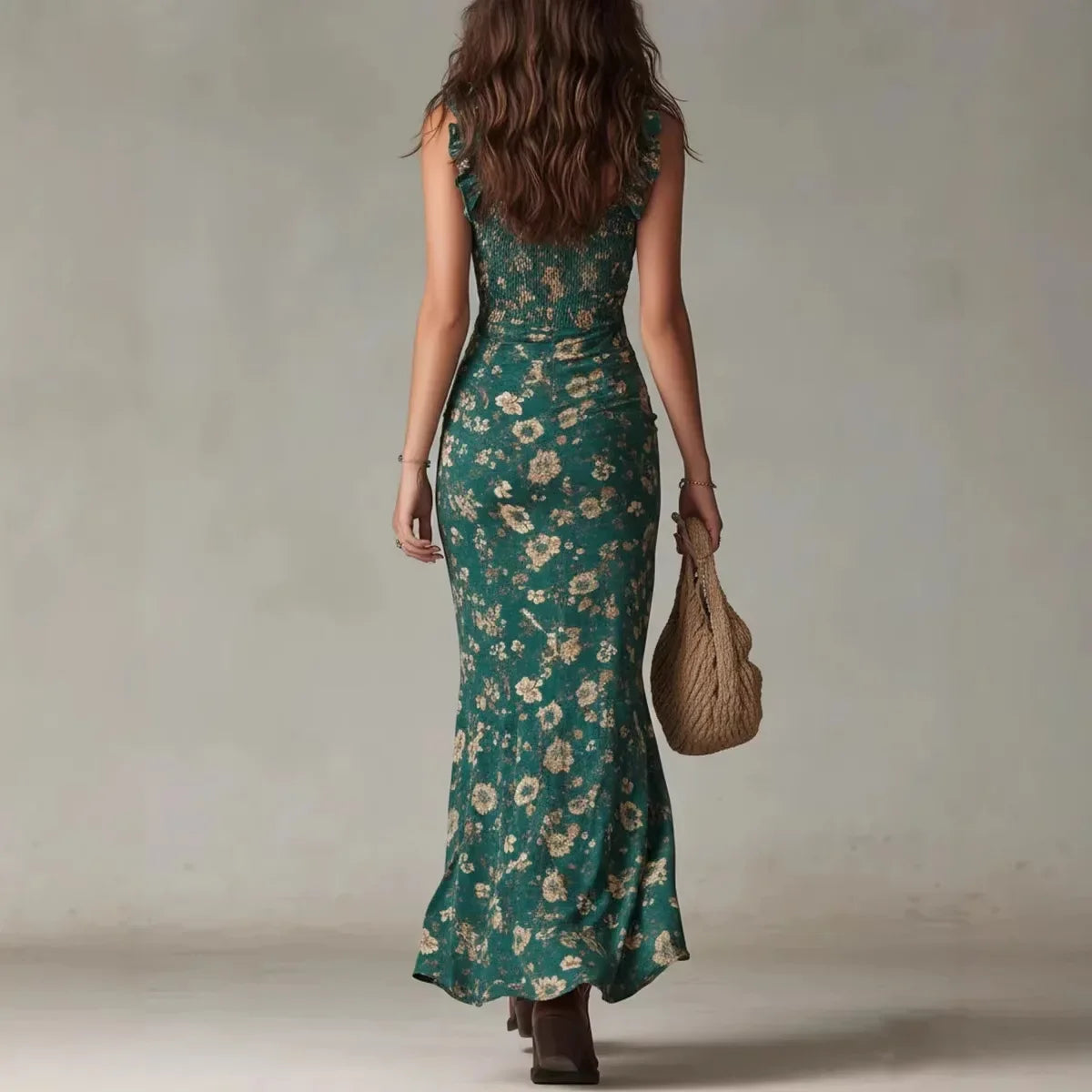 Novelya - Vestido largo de estilo boho retro con mangas fruncidas y abertura alta