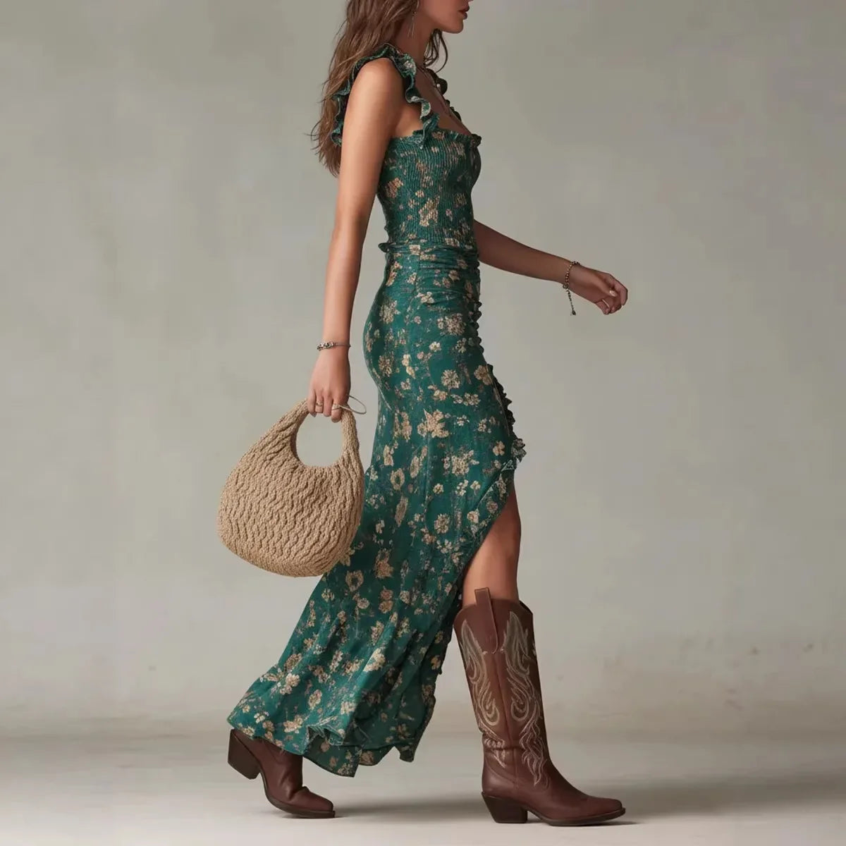 Novelya - Vestido largo de estilo boho retro con mangas fruncidas y abertura alta