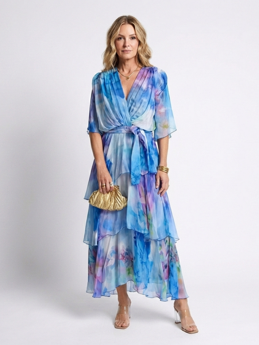 Calista - Vestido largo de capas semitransparentes con cuello en V y cintura ajustable